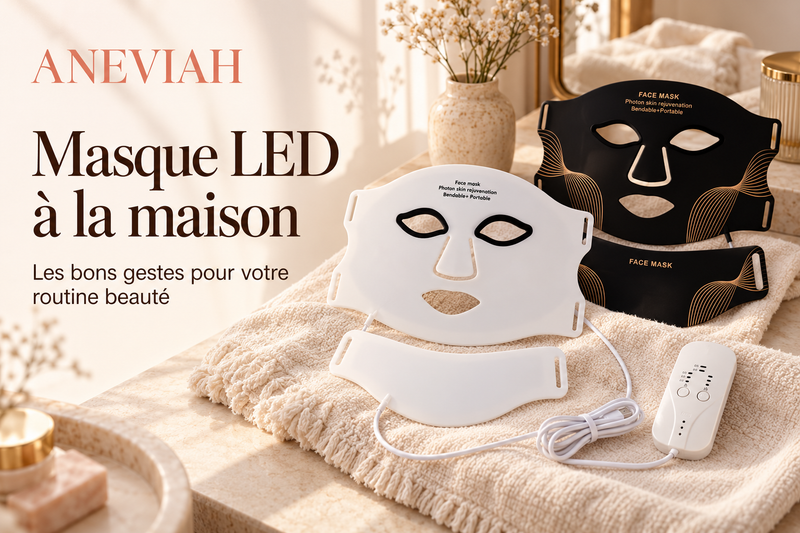 Masques LED Aneviah blancs et noirs, éléments pour le cou et télécommande, pour illustrer une routine beauté à la maison.