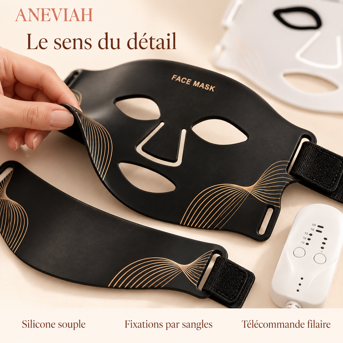 Détail du masque LED noir et or Aneviah